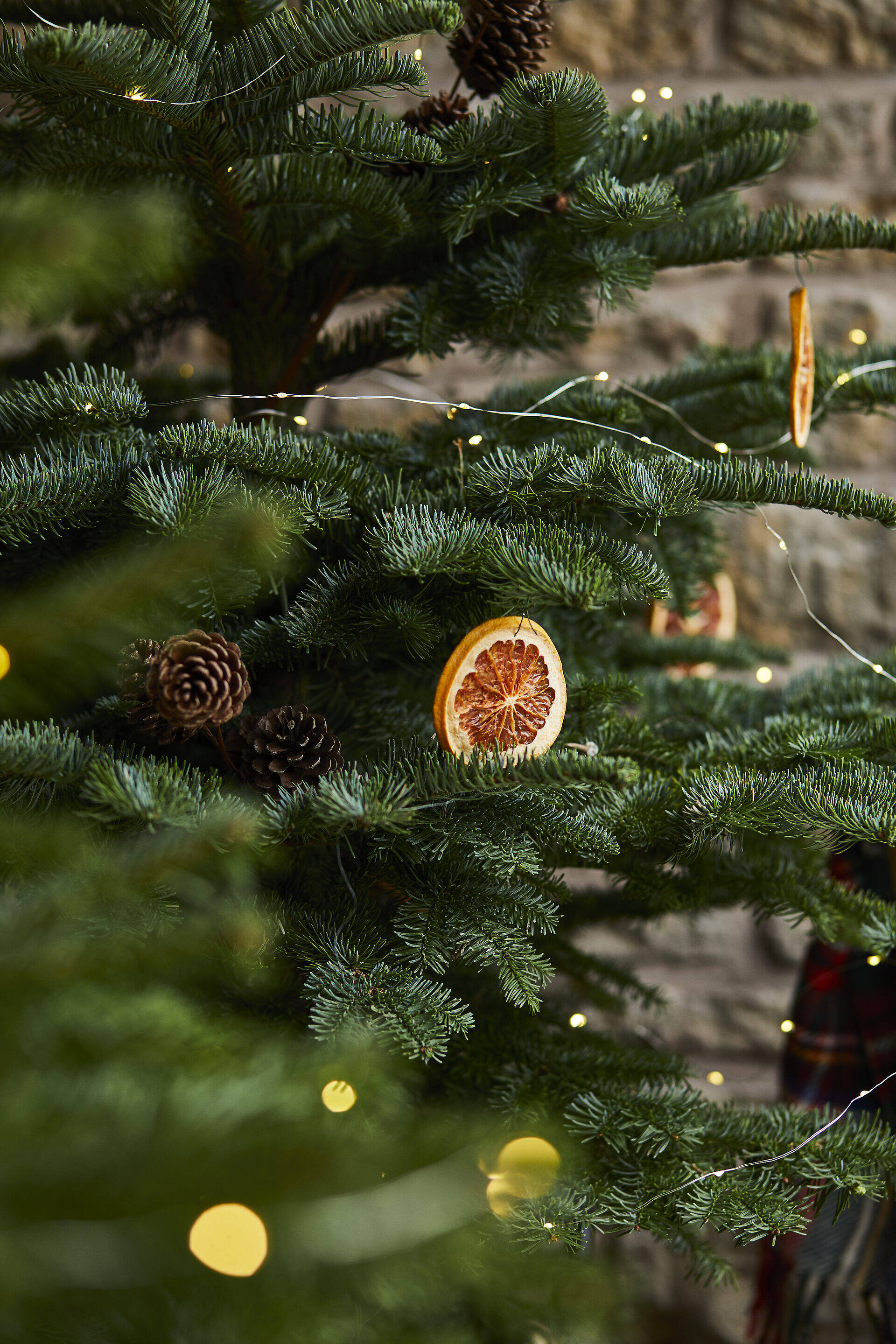 Christmas tree with dried orange and pinecone ornaments against stone wall