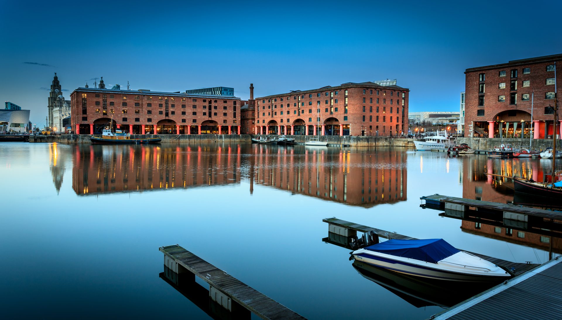 The Royal Albert Dock and Liverpool waterfront at dusk