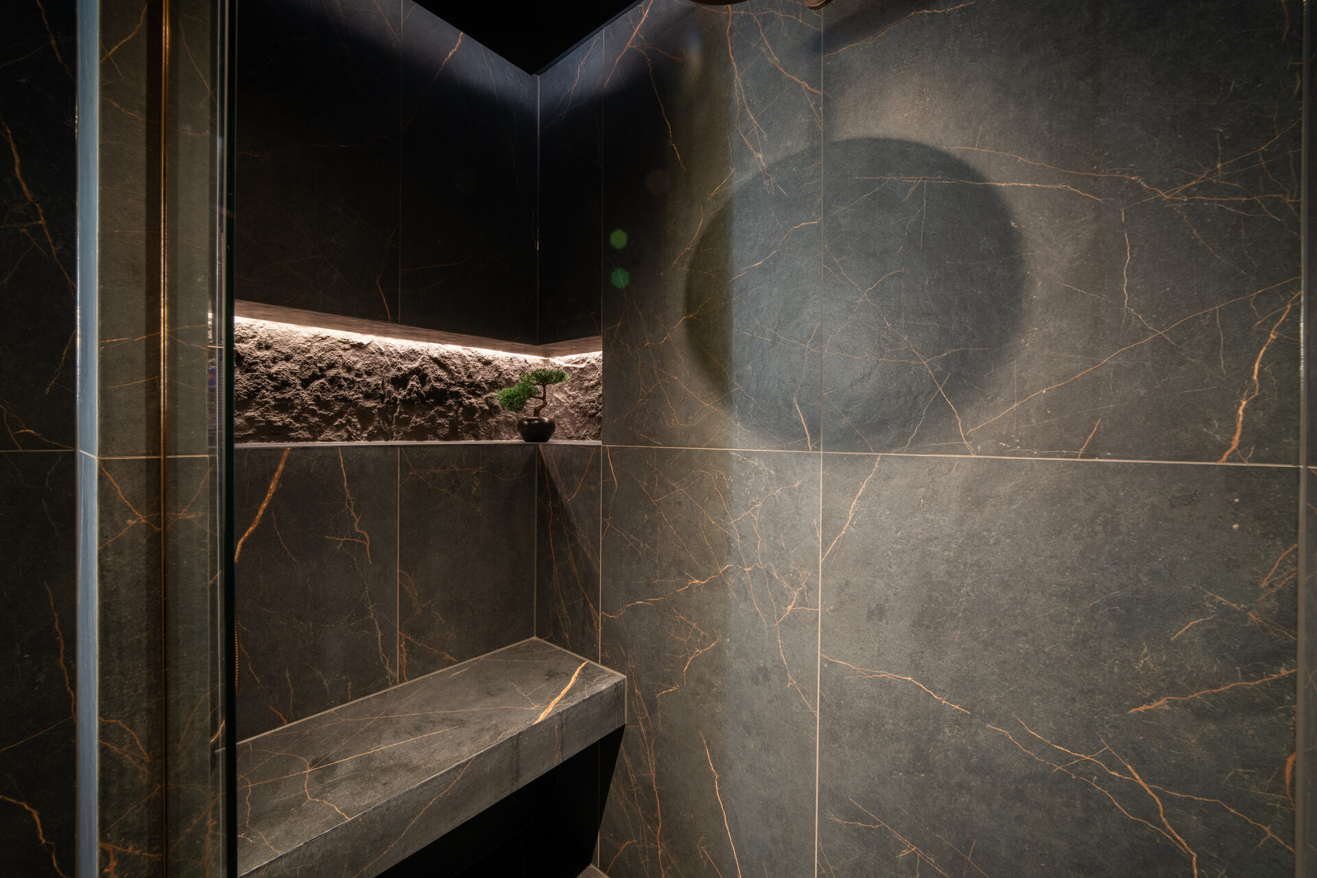 Walk-in shower with dark marble, stone niche and bonsai detail