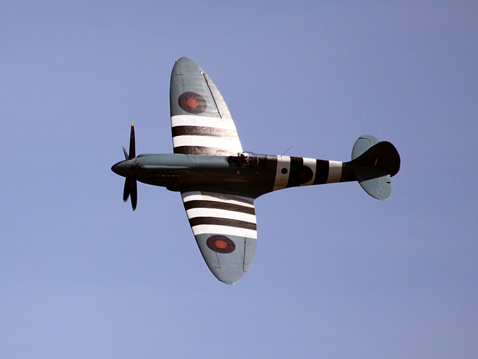 A Spitfire banking against a clear blue sky